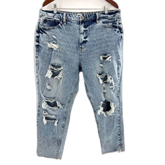 KanCan Acid Wash High Rise Distressed Mom Jeans Fray Hem 15/31 - Picture 2 of 8